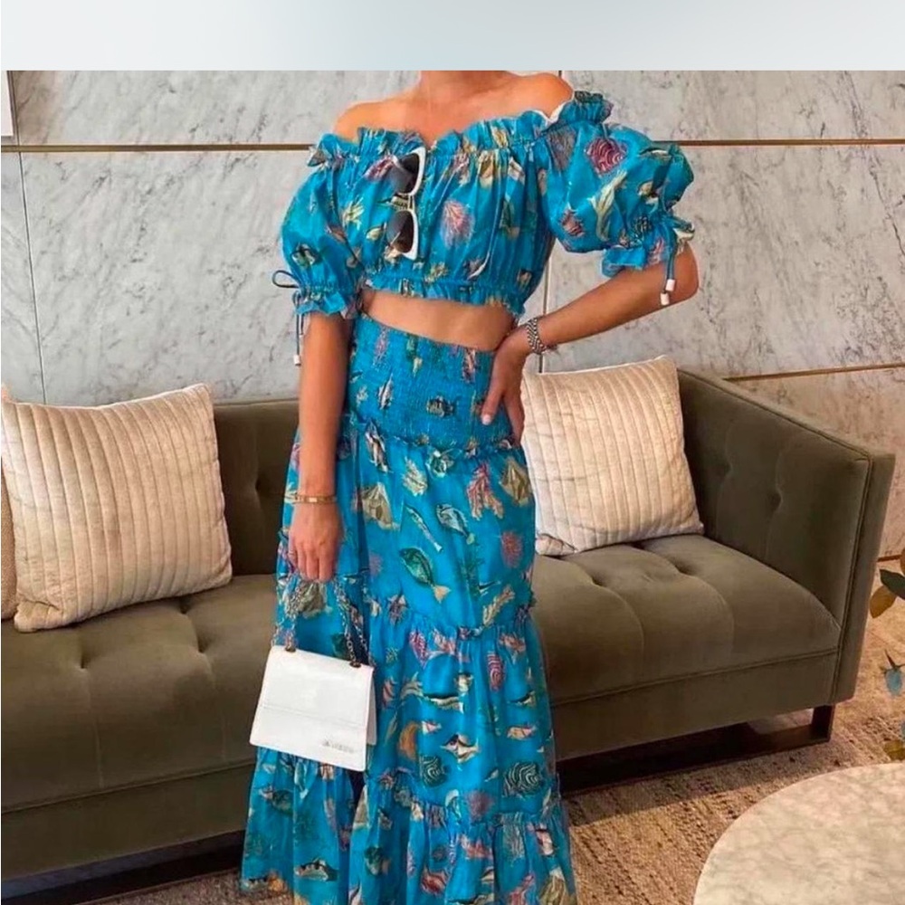 Alemais Turquoise Floral Maxi Skirt Two-Piece Set